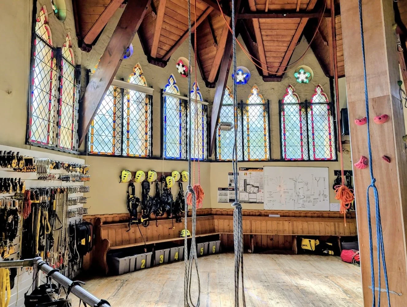 Rope access equipment hanging up in a church