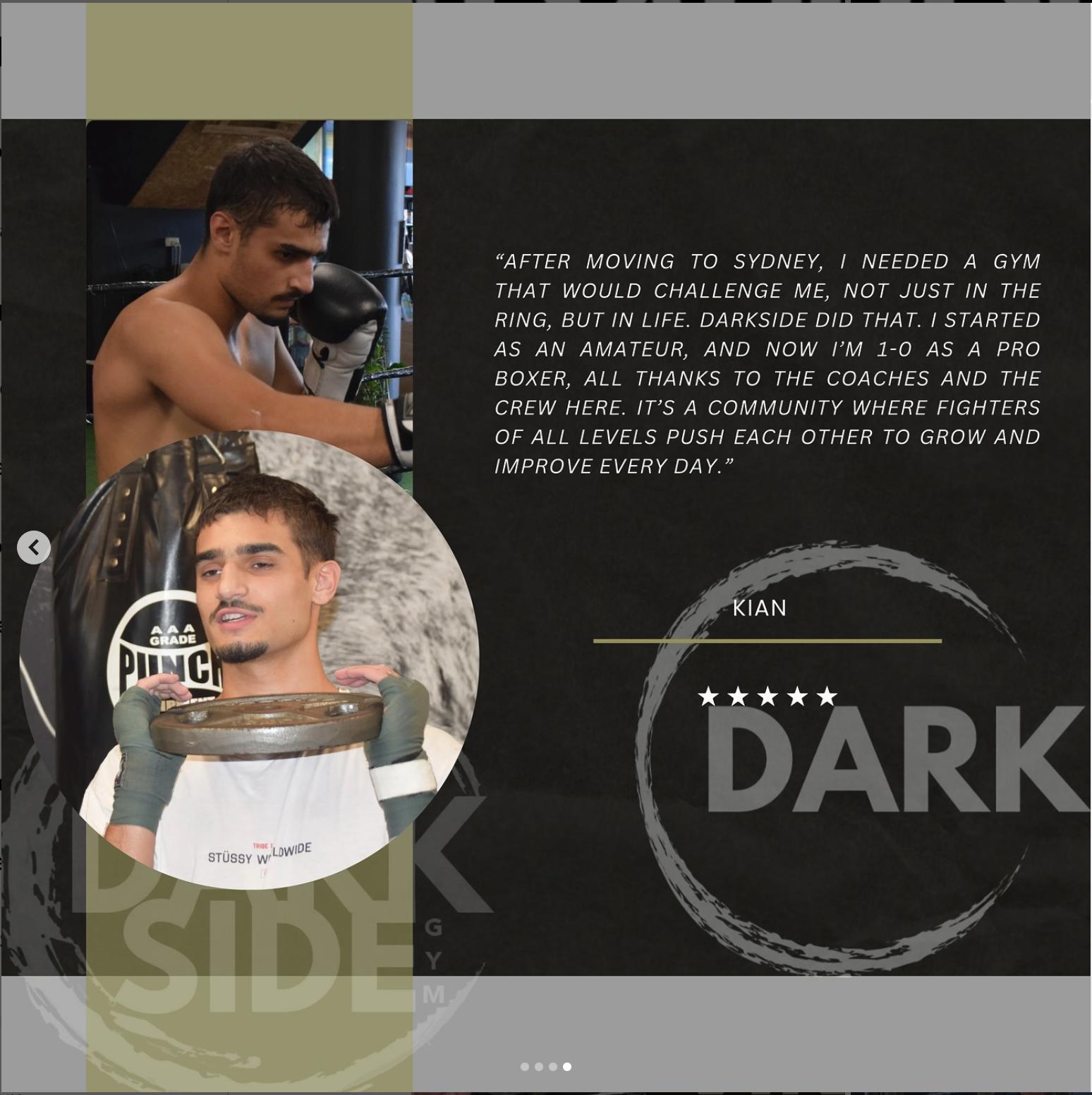A collage featuring a shirtless male boxer wearing boxing gloves and trailing a punching bag, along with a young man holding a weight plate outside a gym near a punching bag. There is a quote about moving to Sydney and pursuing boxing, and the image indicates the name Kian and the label Dark.