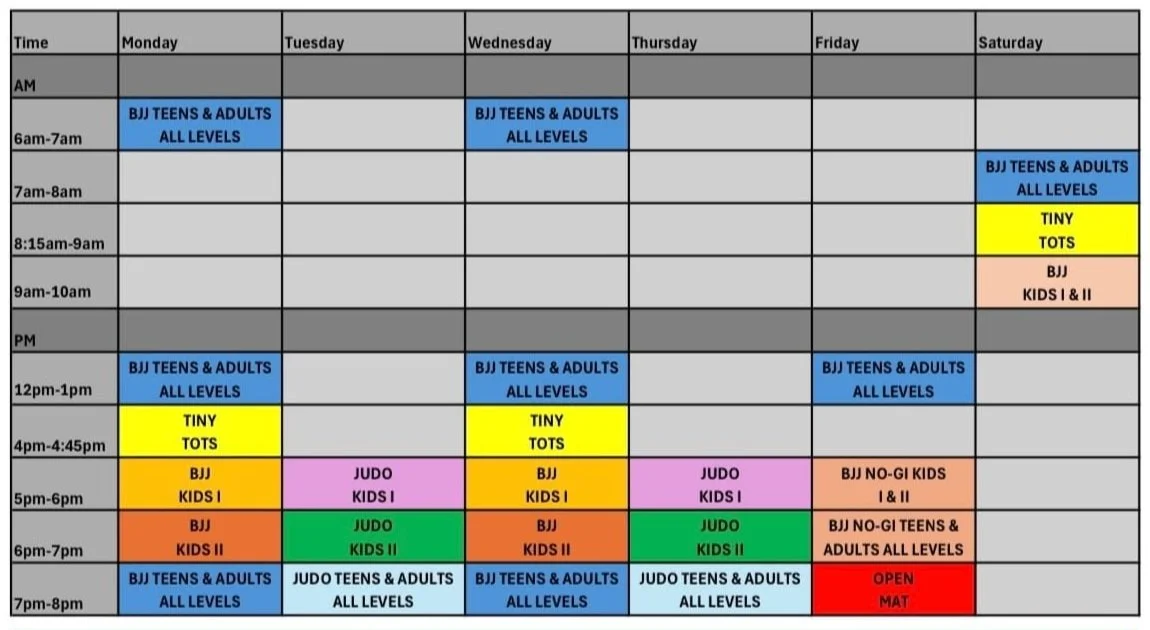 Weekly schedule of martial arts classes, including BJJ for teens and adults, tiny tots, kids classes, judo, no-gi, and an open mat session, listed by days and hours.