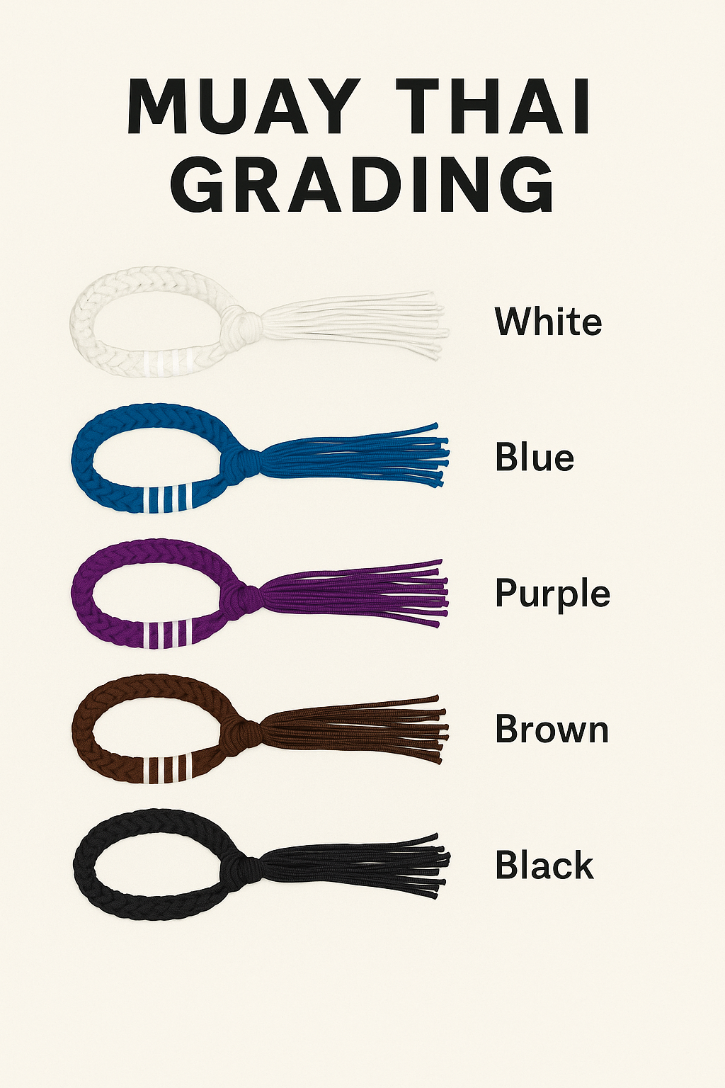 Chart showing four types of braided muay thai wristbands in white, blue, purple, brown, and black with their corresponding colors labeled.