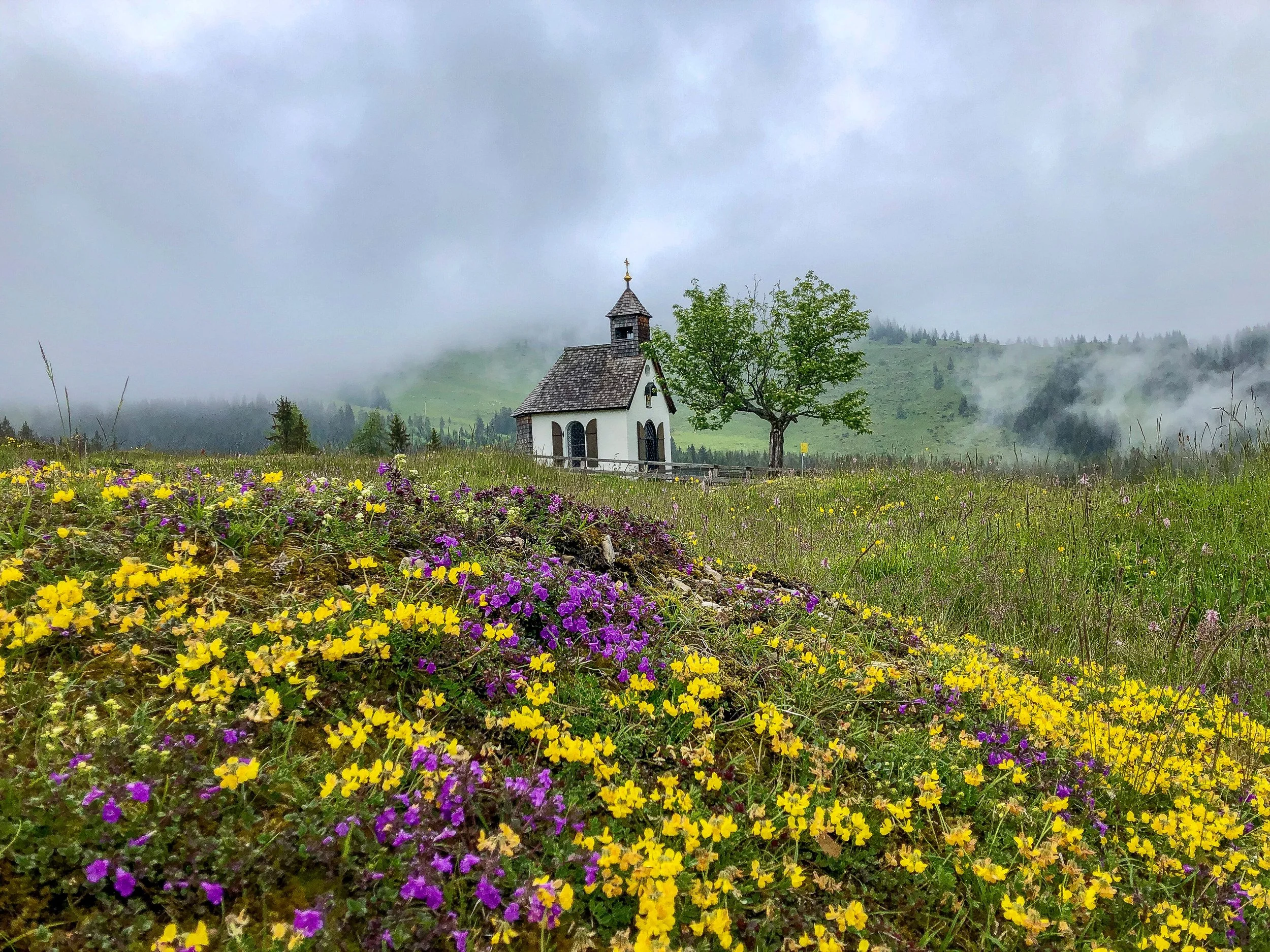 Landschaft mit einer kleinen Kapelle, umgeben von grünen Hügeln und bunten Wildblumen im Vordergrund, unter einem bewölkten Himmel.