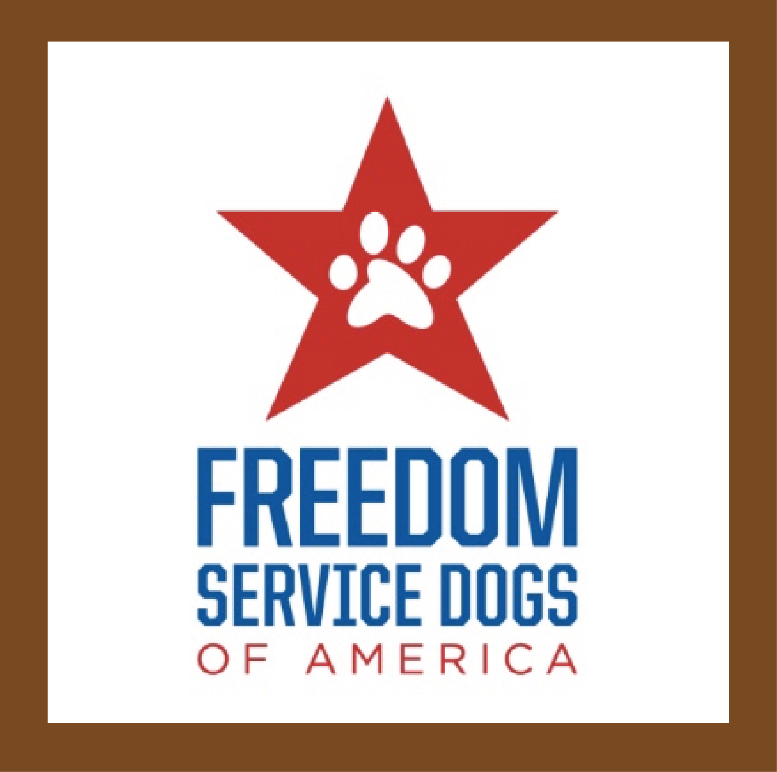 Logo of Freedom Service Dogs of America featuring a red star with a white dog paw in the center, and the organization's name in blue and red text.