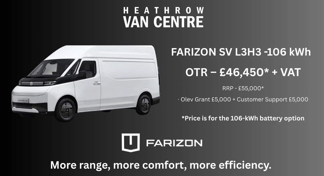 🔥 Introducing the FARIZON SV L3H3 – 106 kWh – THE CLASS-LEADING ELECTRIC SUPER VAN
More range, more comfort, more efficiency.
🔋 Choose your power:
• 83 kWh – Range up to 247 miles
• 106 kWh – Range up to 342 mile