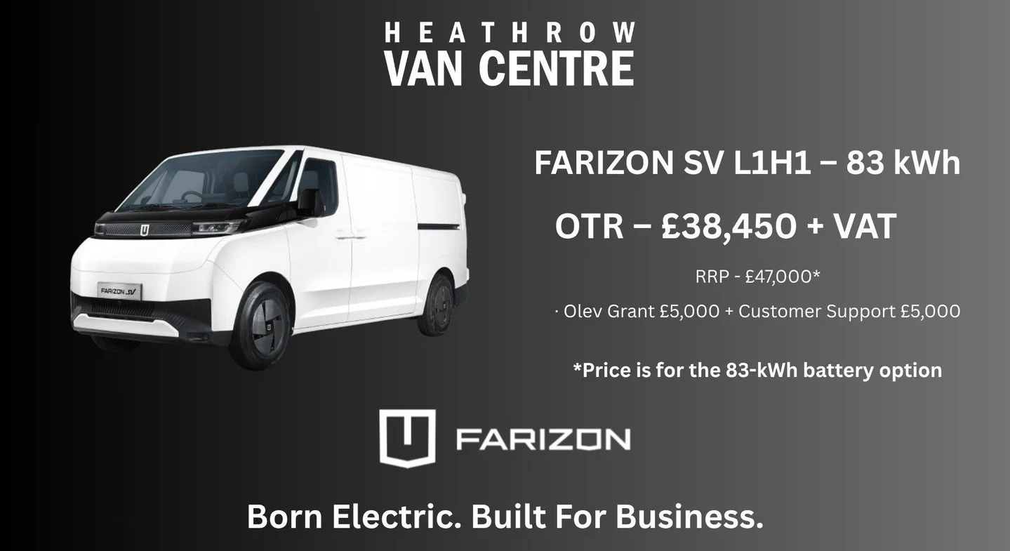 🚐 Now Available at Heathrow Van Centre: The Farizon SV L1H1 – 83 kWh Electric Commercial Vehicle ⚡
Looking to electrify your fleet with serious capability and range?
Introducing the Farizon SV – a fully electric LCV that’s built