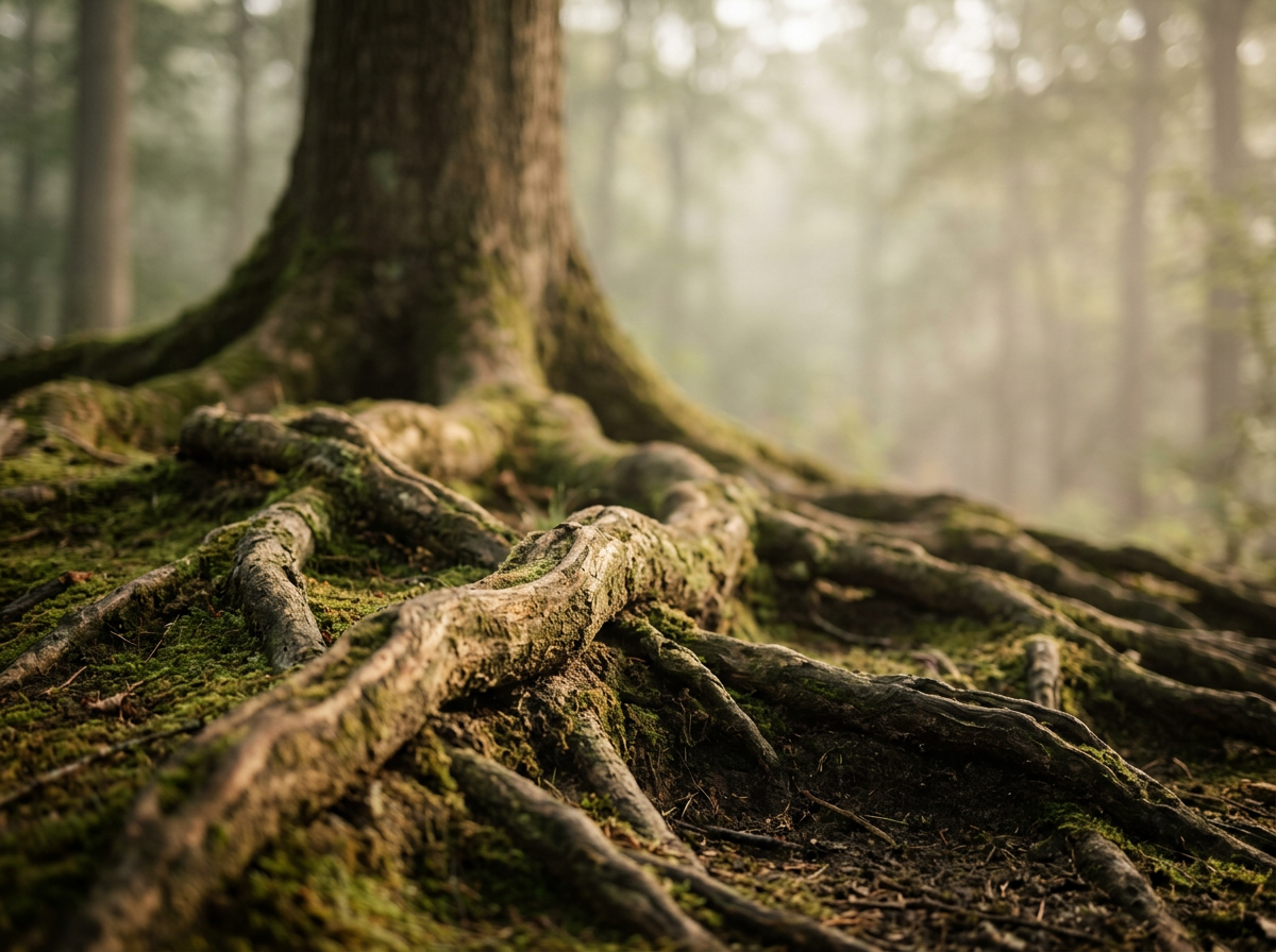 Close-up of tree roots covered with moss on forest floor with blurred trees and sunlight in background.