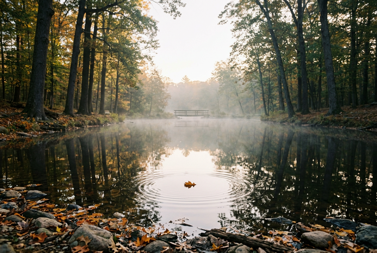 A serene early morning scene of a calm river in a forest with mist rising over the water, fallen leaves on the rocky shore, and a single leaf floating in the water.