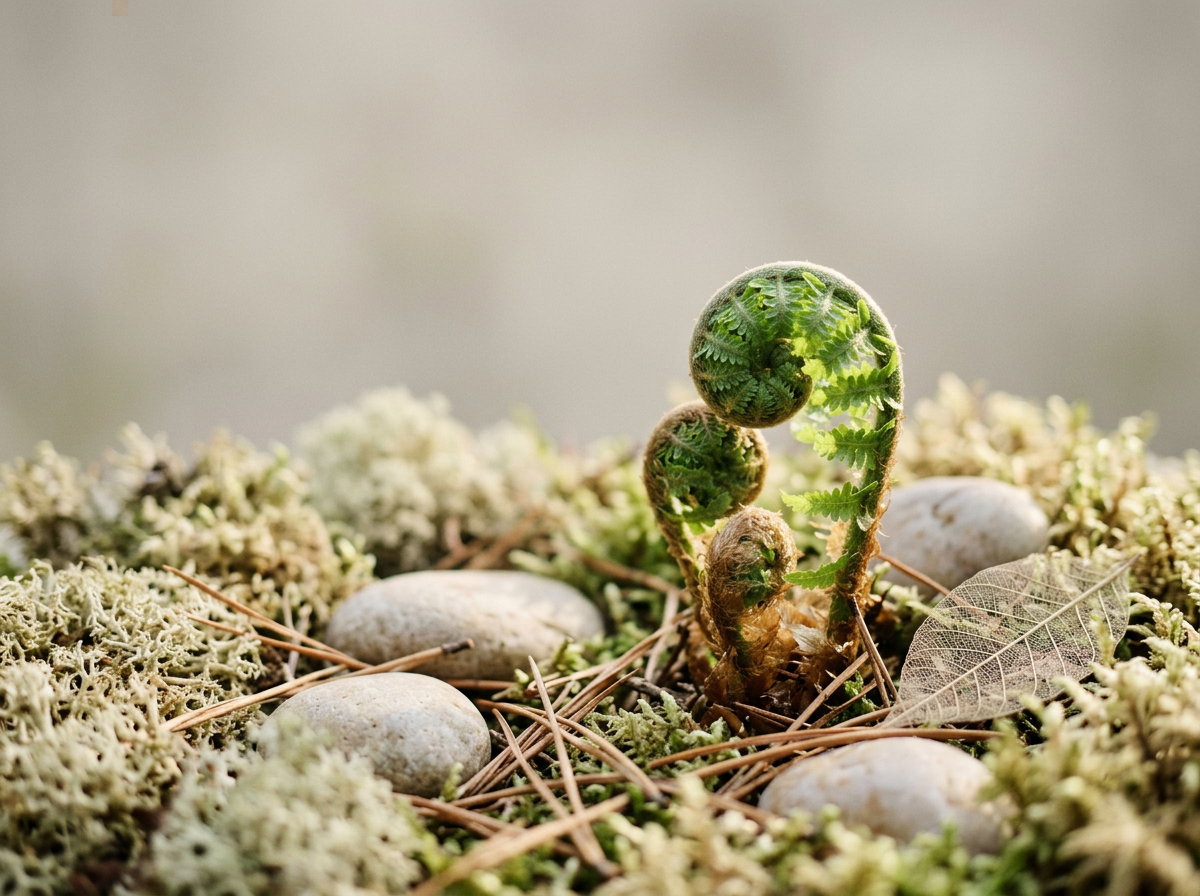 two, tiny fiddleheads sprouting in soil with moss and stones