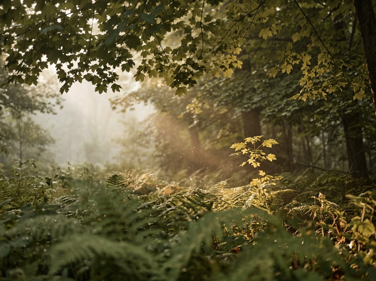 Sunlight filters through dense green tree leaves onto a forest floor covered with ferns and small plants.