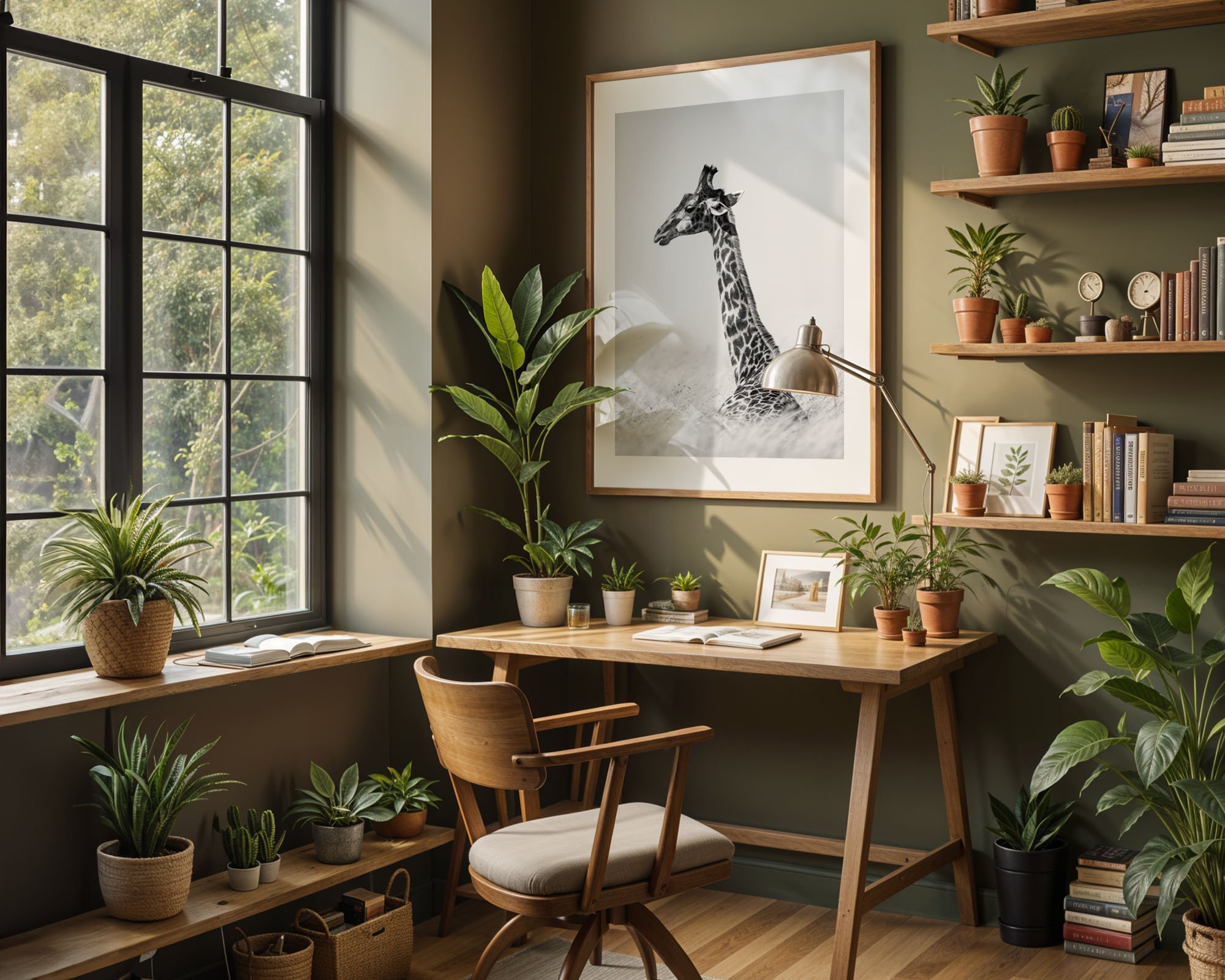 A cozy home office with a wooden desk and chair, large window with black framing, and ample greenery including potted plants and a framed giraffe photo on the wall.