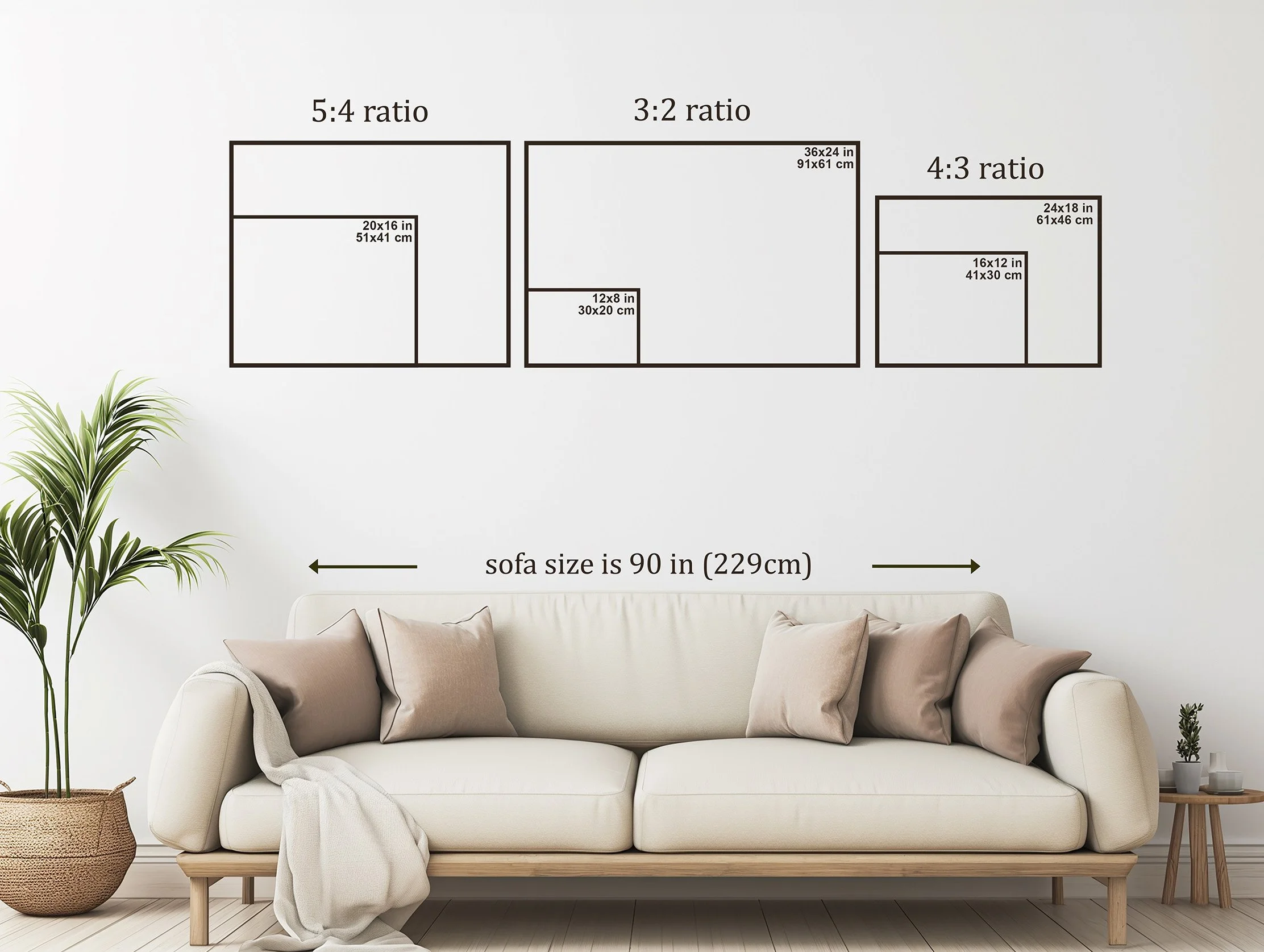 Living room with a white sofa, beige throw pillows, a blanket, a large plant in a woven basket, and a side table with plants, against a wall with diagram showing different sofa size ratios.