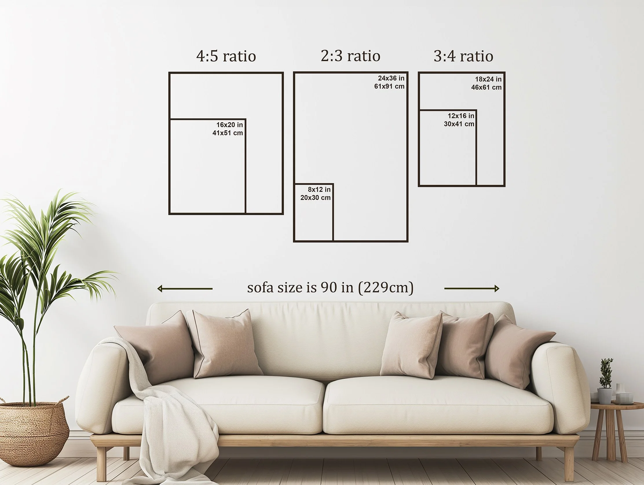 A beige sofa with two beige throw pillows and a blanket, a large potted plant to the left, and small potted plants on a side table to the right, with a wall display of different-sized picture frames with ratios and dimensions text above the sofa.