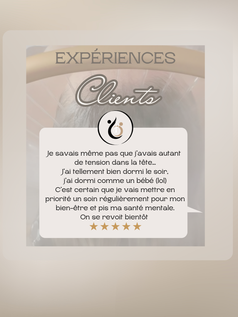Témoignage d'une cliente exprimant qu'elle dormait mal à cause du stress, mais qu'après une expérience positive, elle a maintenant une meilleure santé mentale et une vie plus équilibrée.