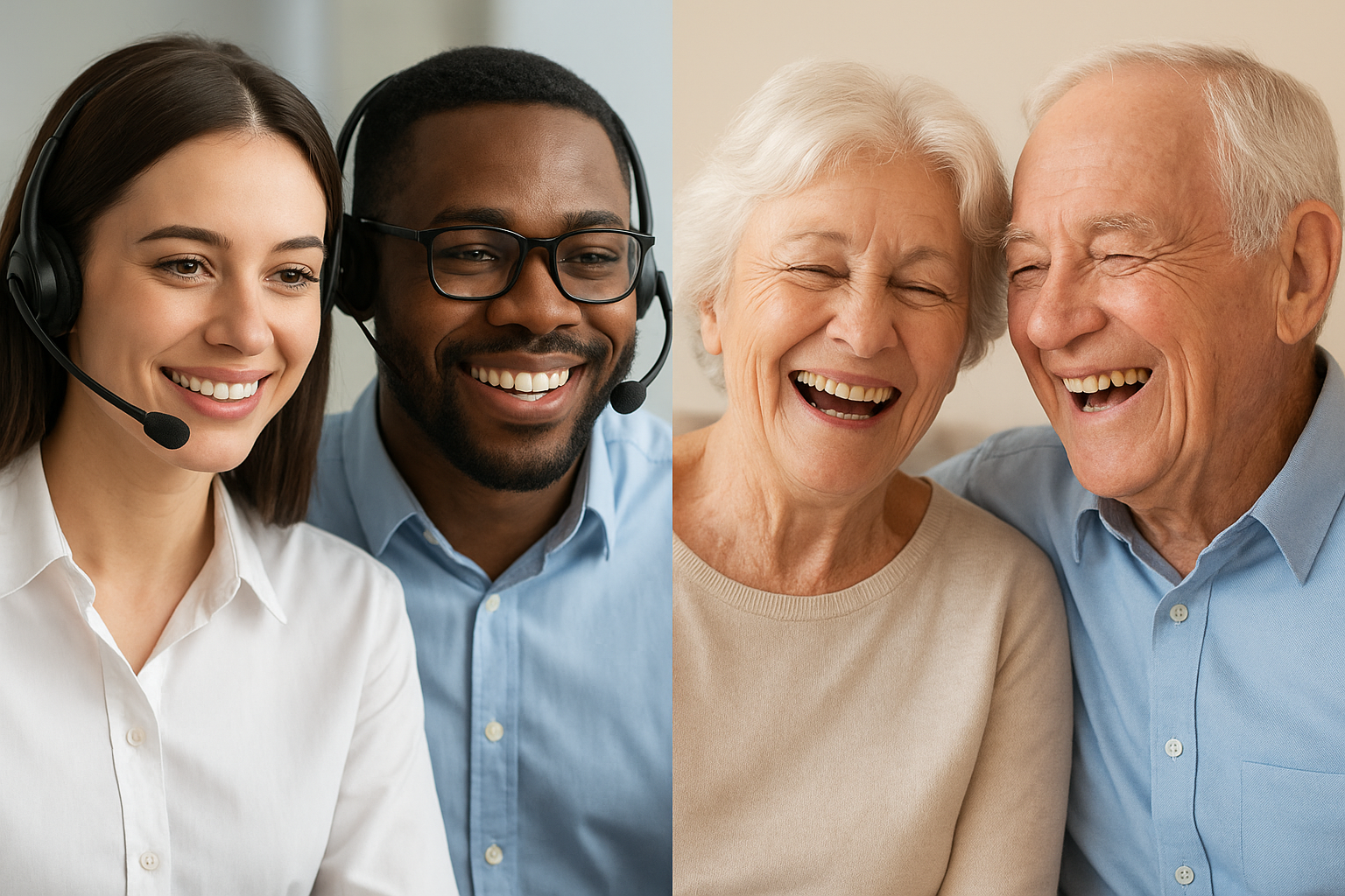 Deux groupes de personnes souriantes, un groupe de jeunes travailleurs avec casques et un service client et un groupe de seniors en compagnie, tous riant et partageant un moment de bonheur.