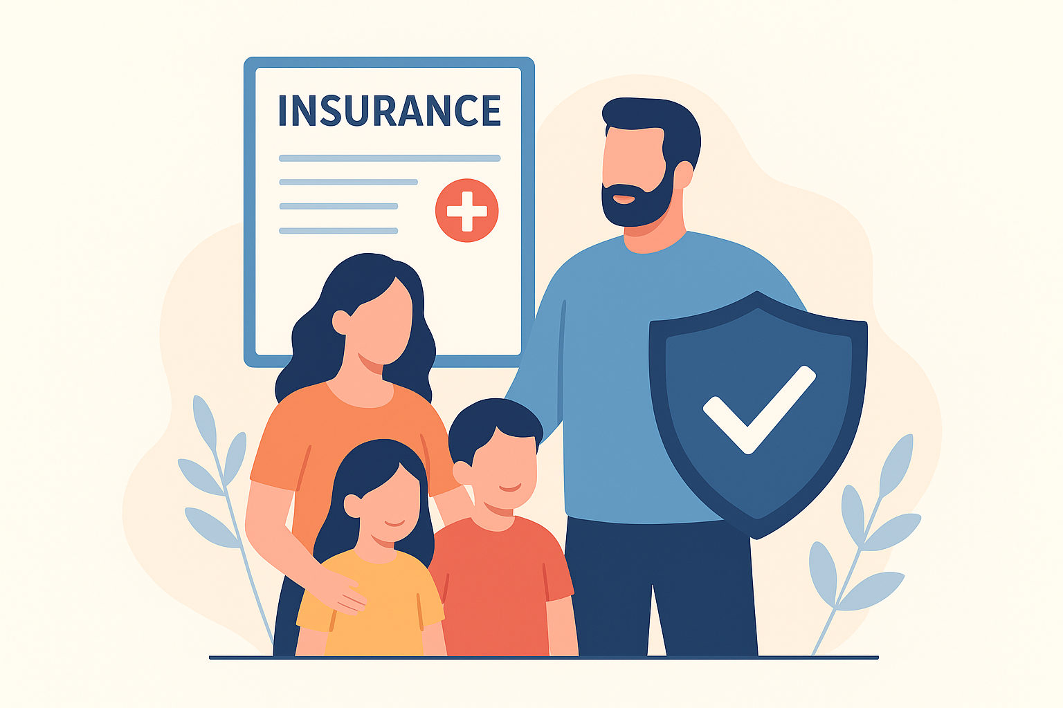 illustration d'une famille avec un homme tenant une shield avec une coche, devant un panneau d'assurance santé.