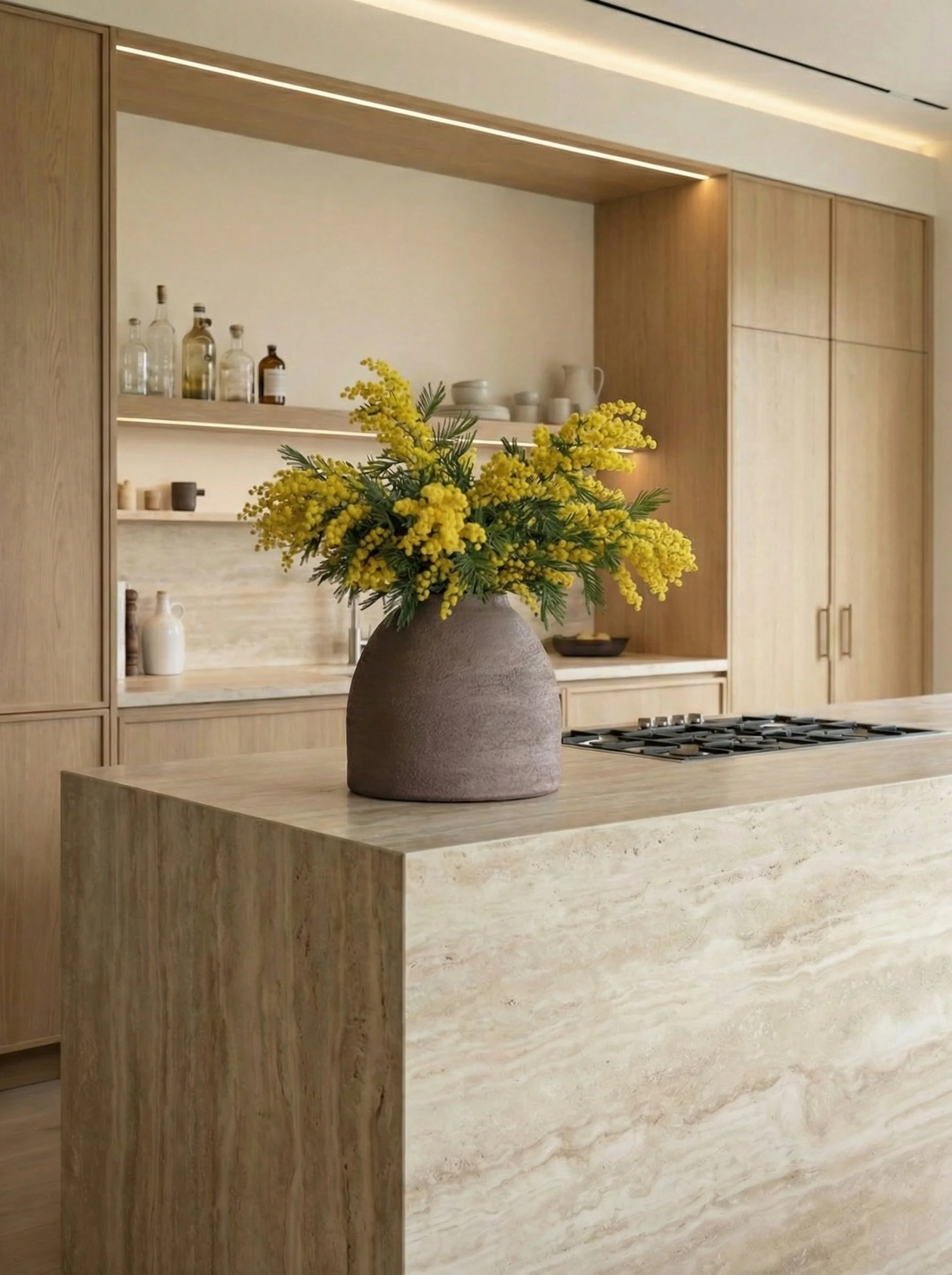 A modern kitchen with a beige marble island countertop, a vase with yellow flowers, wooden cabinets, open shelves with bottles and dishes, and a stove in the foreground.