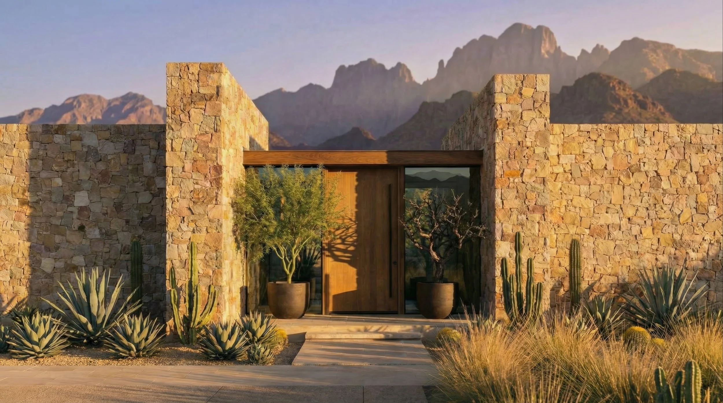 A modern house with stone walls and a wooden door, surrounded by desert plants and cacti, with mountains in the background during sunset.