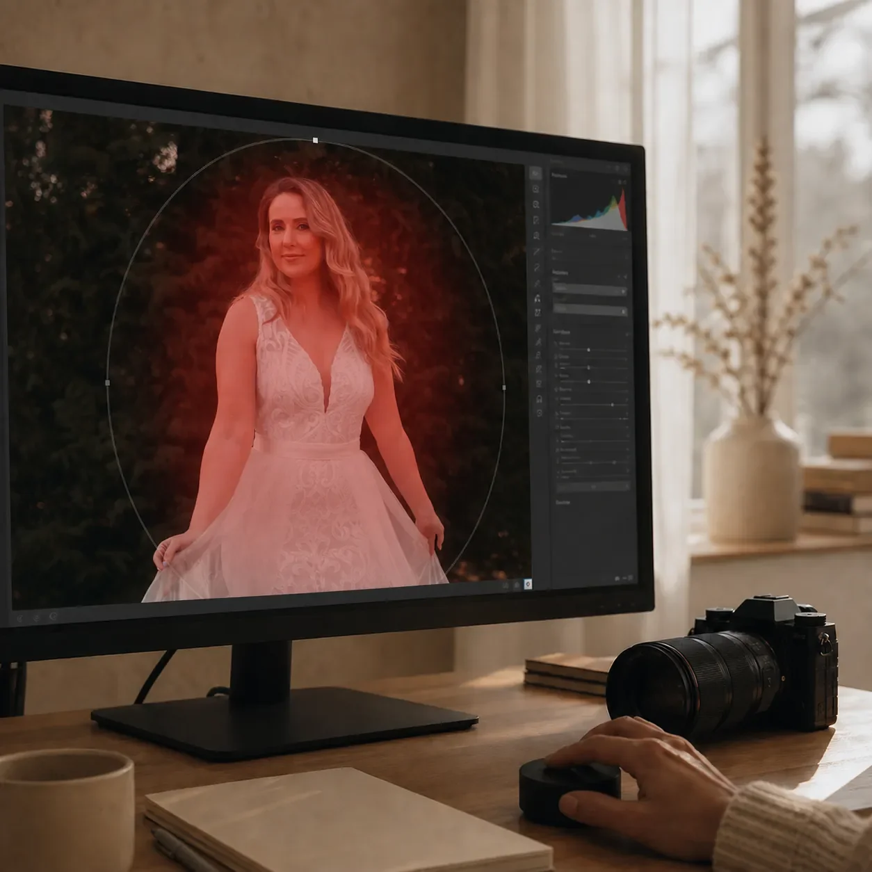 Lightroom-workshop over maskers met een portret van een bruid op het beeldscherm