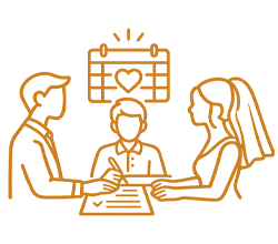 Een bruiloftsregistratie met een paar dat zich bij een ceremonie registreert, begeleid door een officiant onder een huwelijksboog met een kalender met een hart binnen.