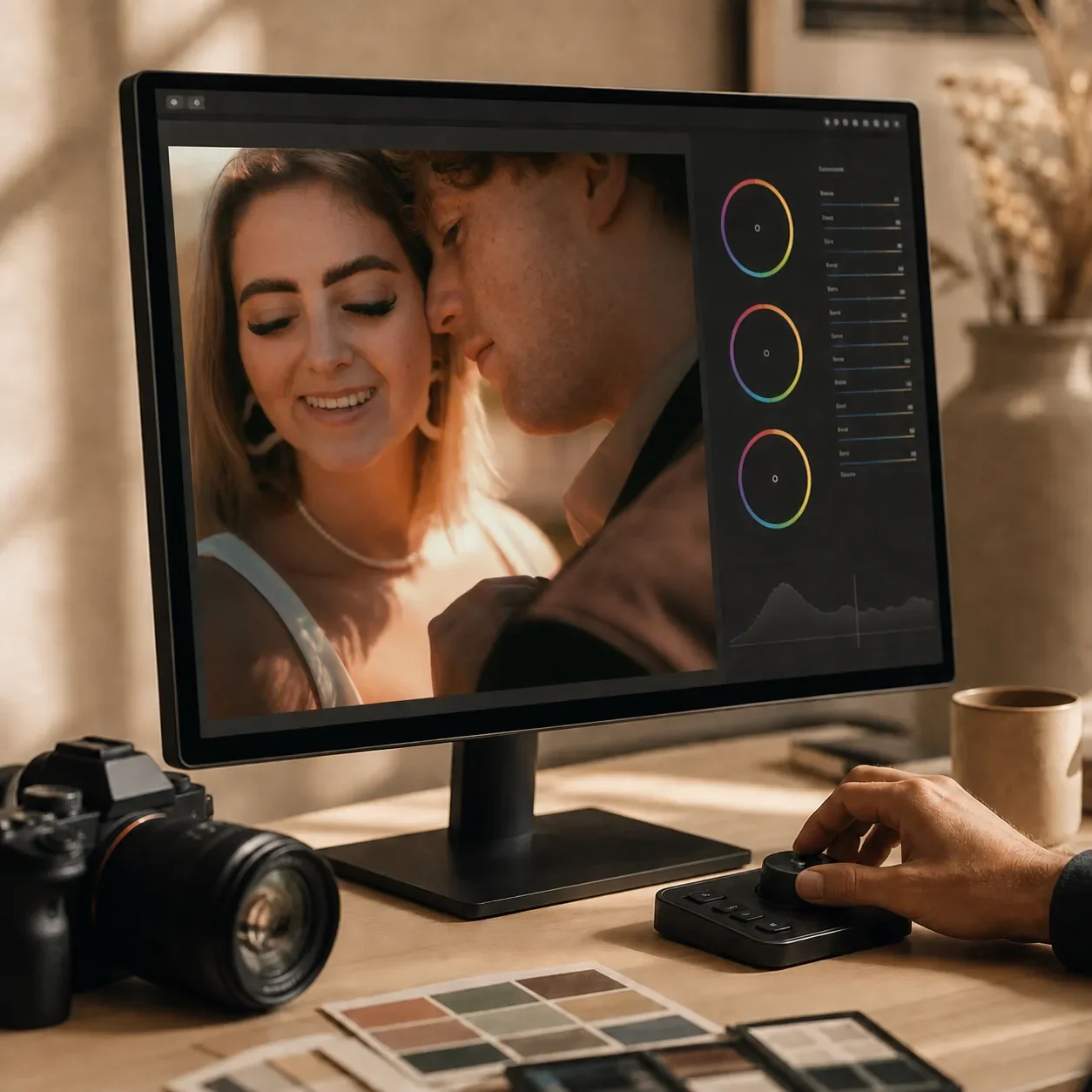 Lightroom-workshop over kleuren en color grading met een warme trouwfoto op het beeldscherm