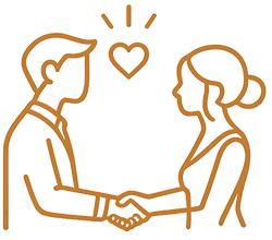 Twee mensen die elkaar de hand schudden, met een hart boven hen