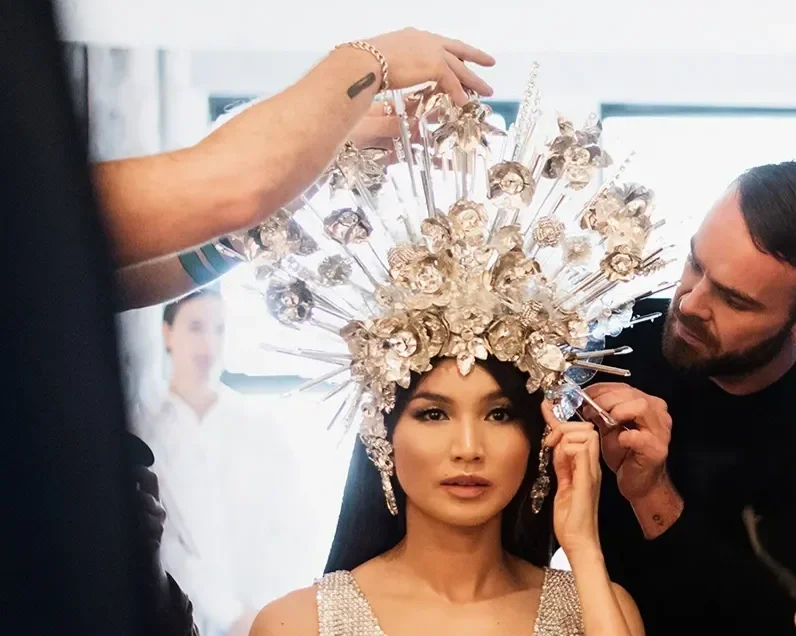 Sculptural Headdress for Gemma Chan's Met Gala debut, in Tom Ford.