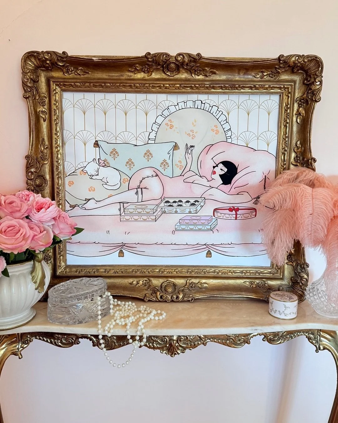 Monday Indulgence 🎀 
 This piece captures that languid, indulgent mood, the kind of art you want to wake up to every morning. 
 Available as gicl&eacute;e print (A4-A2). 
 Link in profile to shop🛍️
 P.S. I&rsquo;m still accepting 3 bespoke commissi