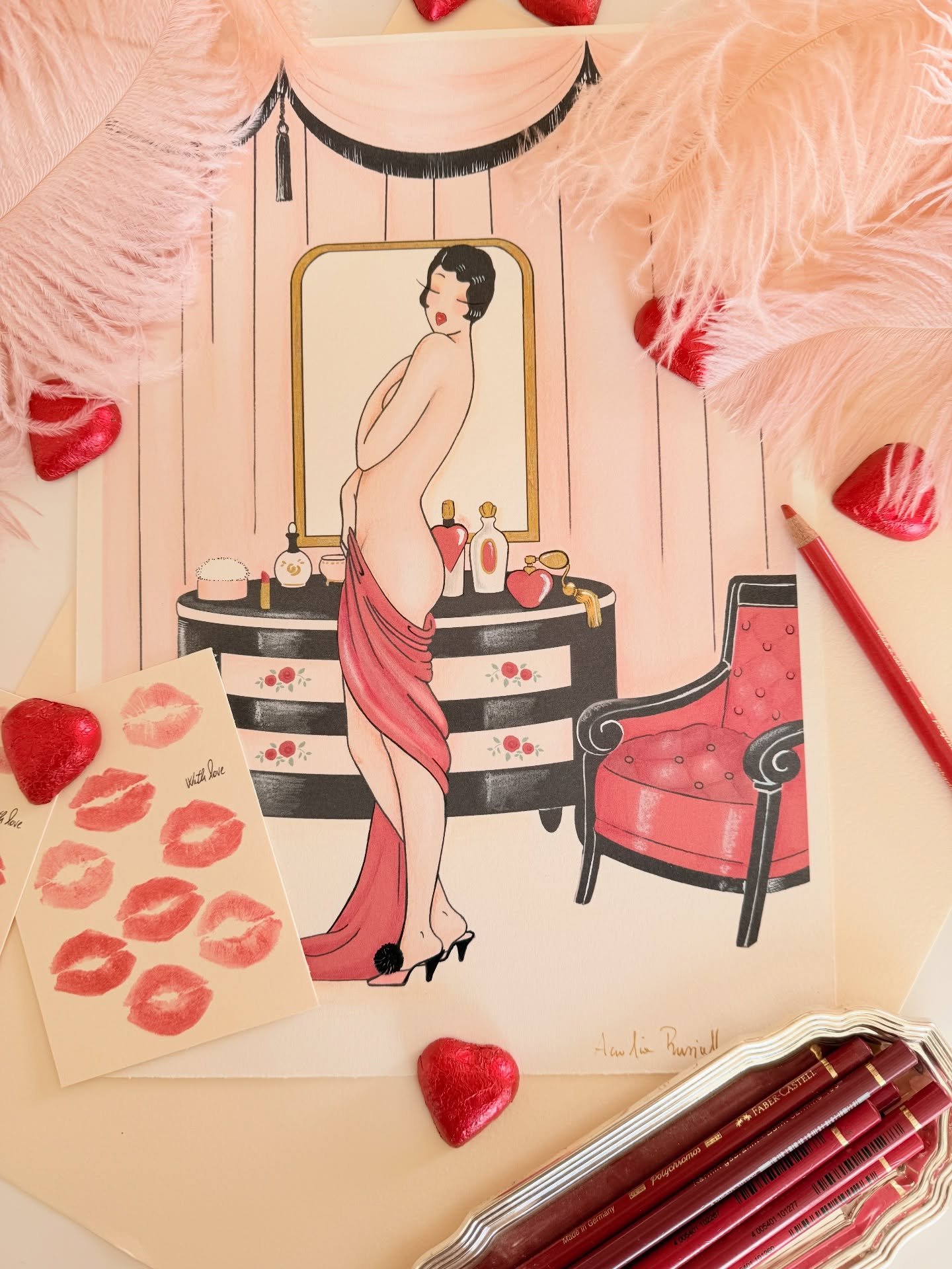 Introducing: Boudoir en Rouge 🌹
Two originals, one message: loving yourself first is revolutionary.
From my atelier, for your own pleasure. * * * *  #boudoirart #madamedabi #artdecoart #femininepower #femalegaze #selfloveart #artdecoillustration #vi