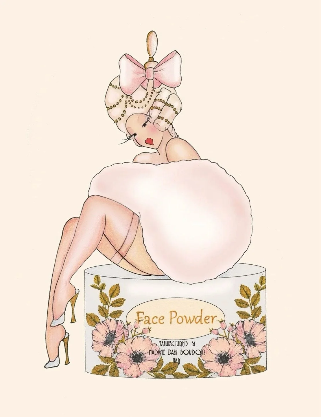 The essentials for the vanity table: powder pouf and perfume bottle. All by Madame Dabi of course🎀
#madamedabi #boudoirart #marieantoinettestyle #vintageillustration #feminineart