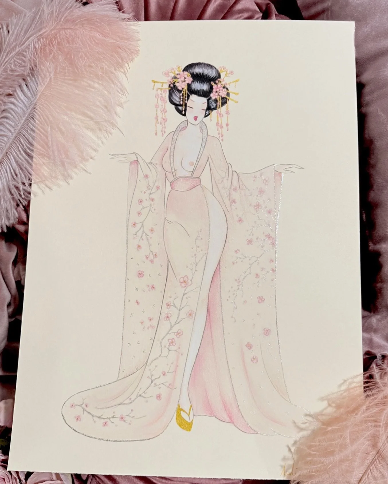 New original artwork in the boutique. 
Puccini&rsquo;s Butterfly reinterpreted my way, delicate, sensual and a little melancholic 🌸
A unique piece, made slowly and meticulously: pastels, metallic paint and precious details✨
Link in bio. 

#madamebut