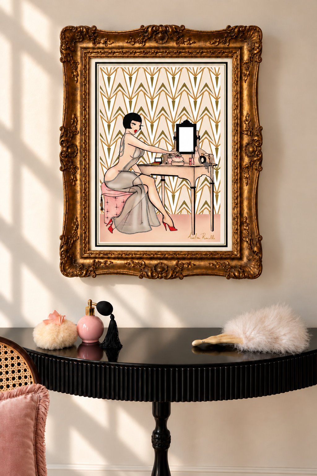 Ritratto Art déco sopra una consolle elegante.png