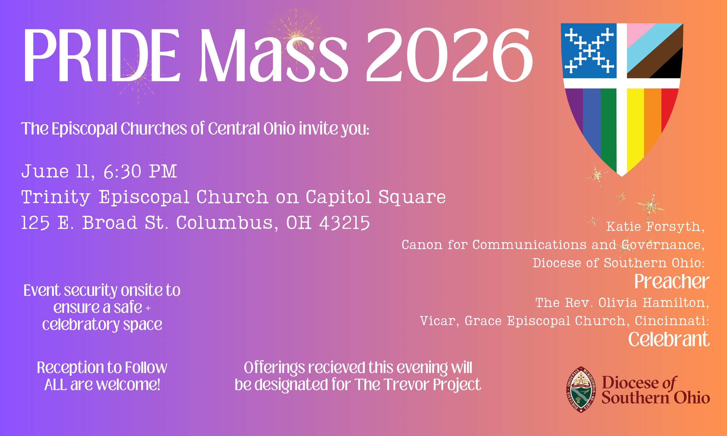 Colorful flyer for PRIDE Mass 2026 with event details, a shield with rainbow colors and various crosses, and logos of the Diocese of Southern Ohio and related organizations.