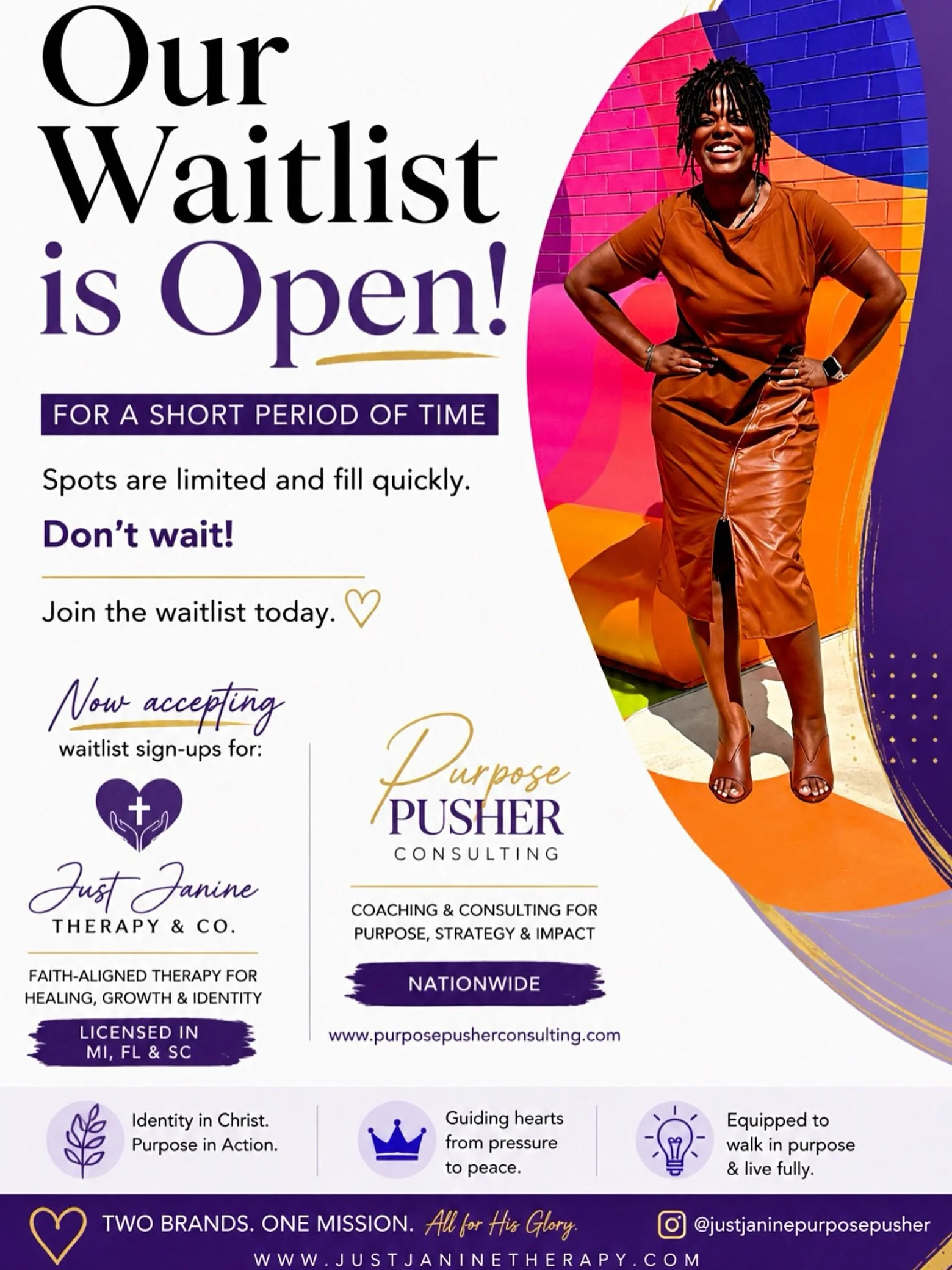 Our waitlist opens September 1st for a limited time.✨

Whether you&rsquo;re ready for deeper healing or ready to move boldly in your purpose, there&rsquo;s a space for you.

🤍 Therapy: www.justjaninetherapy.com
💜 Coaching + Consulting: www.purposep