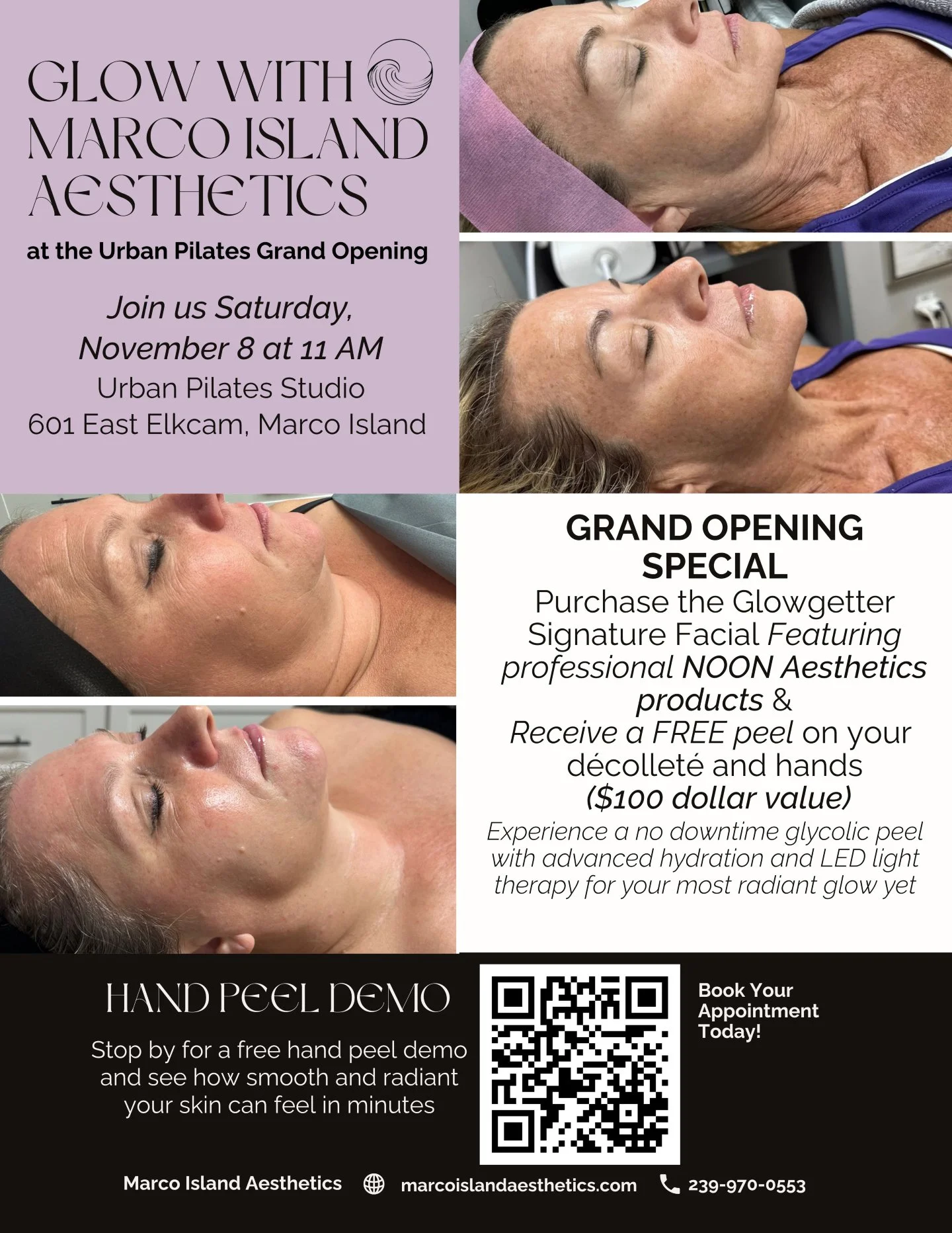 ✨ Glow with Marco Island Aesthetics ✨
Join us at the Urban Pilates Grand Opening this Saturday, November 8 at 11 AM.

Stop by our table for a free hand peel demo and discover how radiant your skin can feel in just minutes.

Plus, enjoy our Grand Open