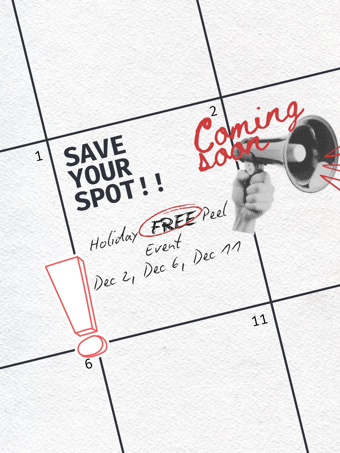 Here are our Holiday Peel Event dates
You get a free peel valued at $200 plus a $100 event credit
Your $100 deposit becomes your credit when you choose your Holiday Glow Package
Dec 2, 6 and 11
Call 239-970- 0553 or use the link in the comments
https