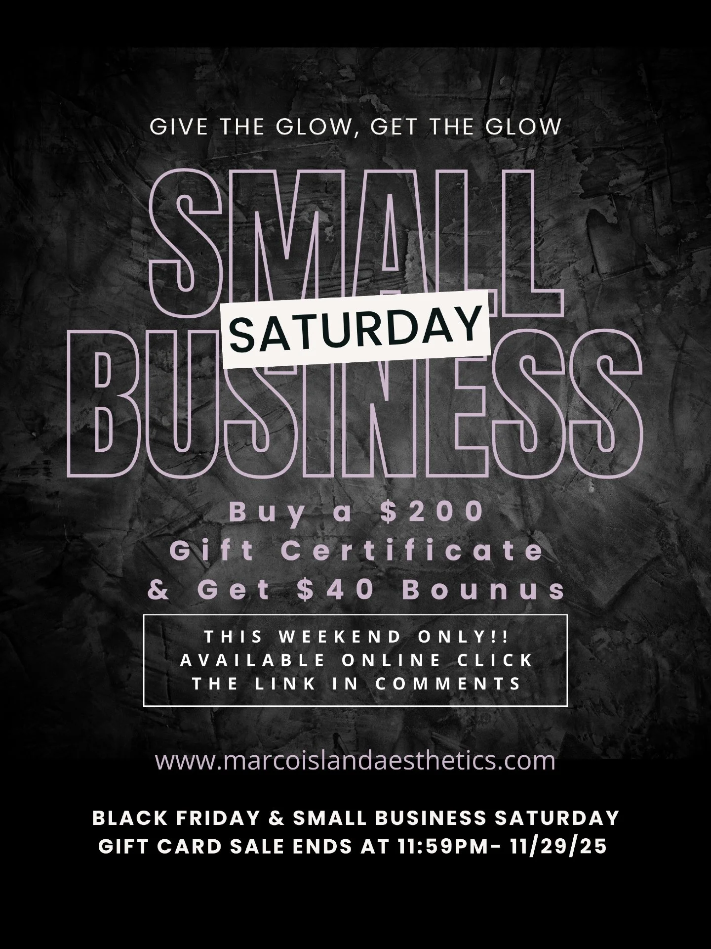 Small Business Saturday is here ✨
Buy a $200 gift certificate and get a $40 bonus to use in the new year.
Thank you for supporting local and choosing Marco Island Aesthetics.
Shop online at the link in comments!!