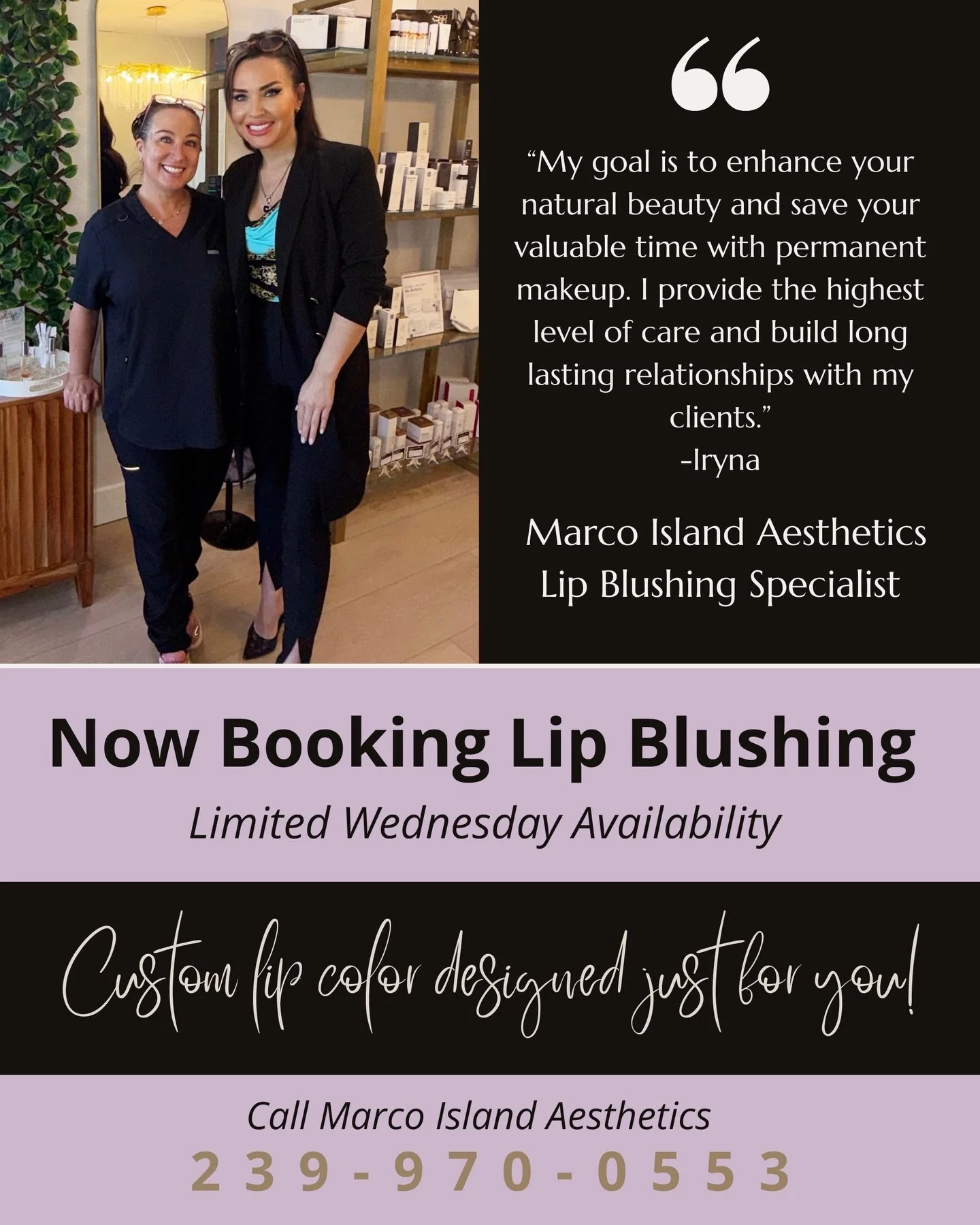 We are excited to welcome Iryna to Marco Island Aesthetics for lip blushing services.

With over 10 years in the beauty industry, Iryna brings a calm, thoughtful approach to every client. Her focus is on customized lip blushing designed to enhance yo