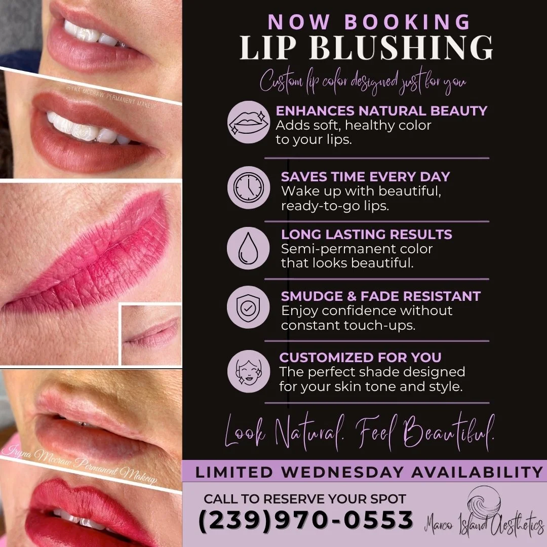 Lip blush is now booking at Marco Island Aesthetics 💋

If you&rsquo;ve been wanting soft, natural looking color without putting lipstick on every day, this might be your new favorite beauty treatment.

Clients love lip blush because it can:
&bull; e