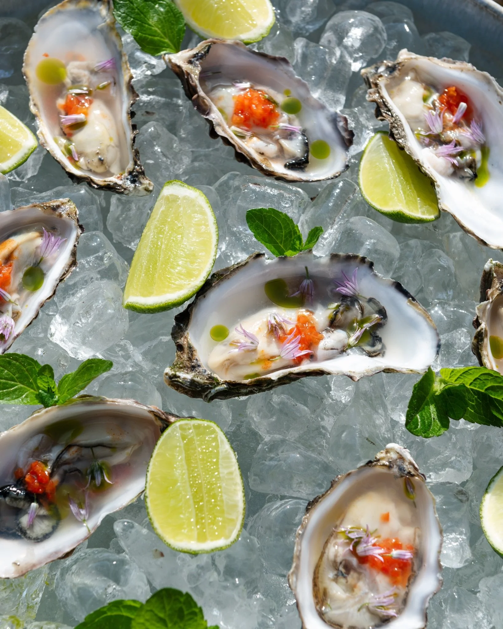 Oysters on ice garnished with lime wedges, mint leaves, and edible flowers, drizzled with green oil.