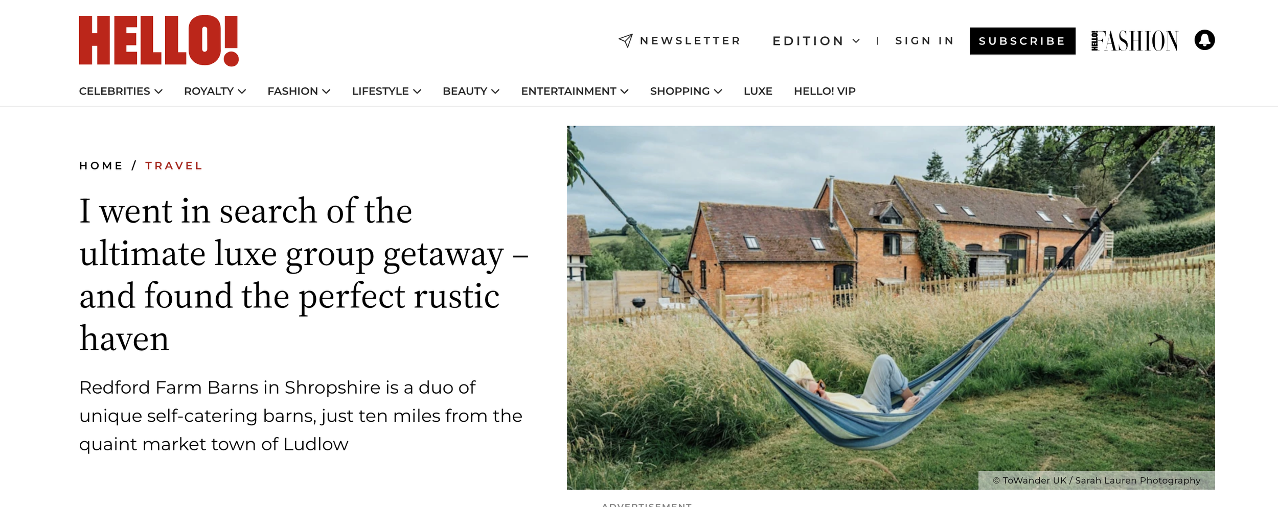 Image of featured article of REdford Farm Barns in Hello! magazine online travel section