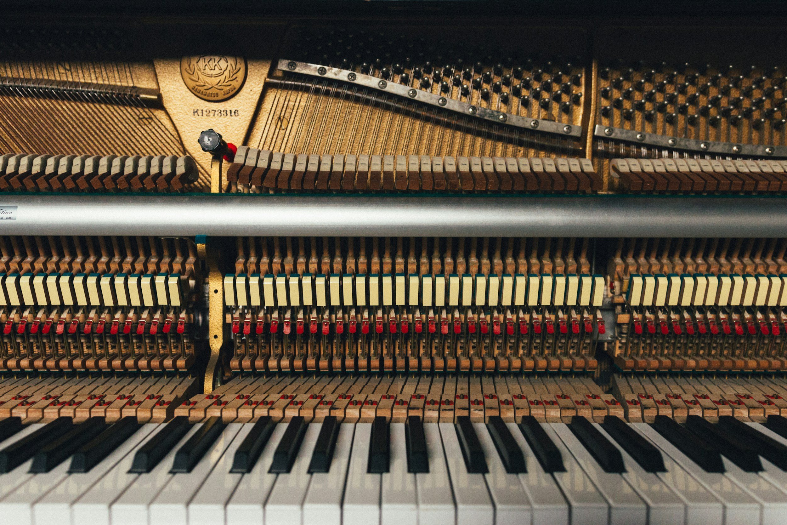 Close-up view of the inside of a piano showing its strings, hammers, and keyboard with black and white keys.