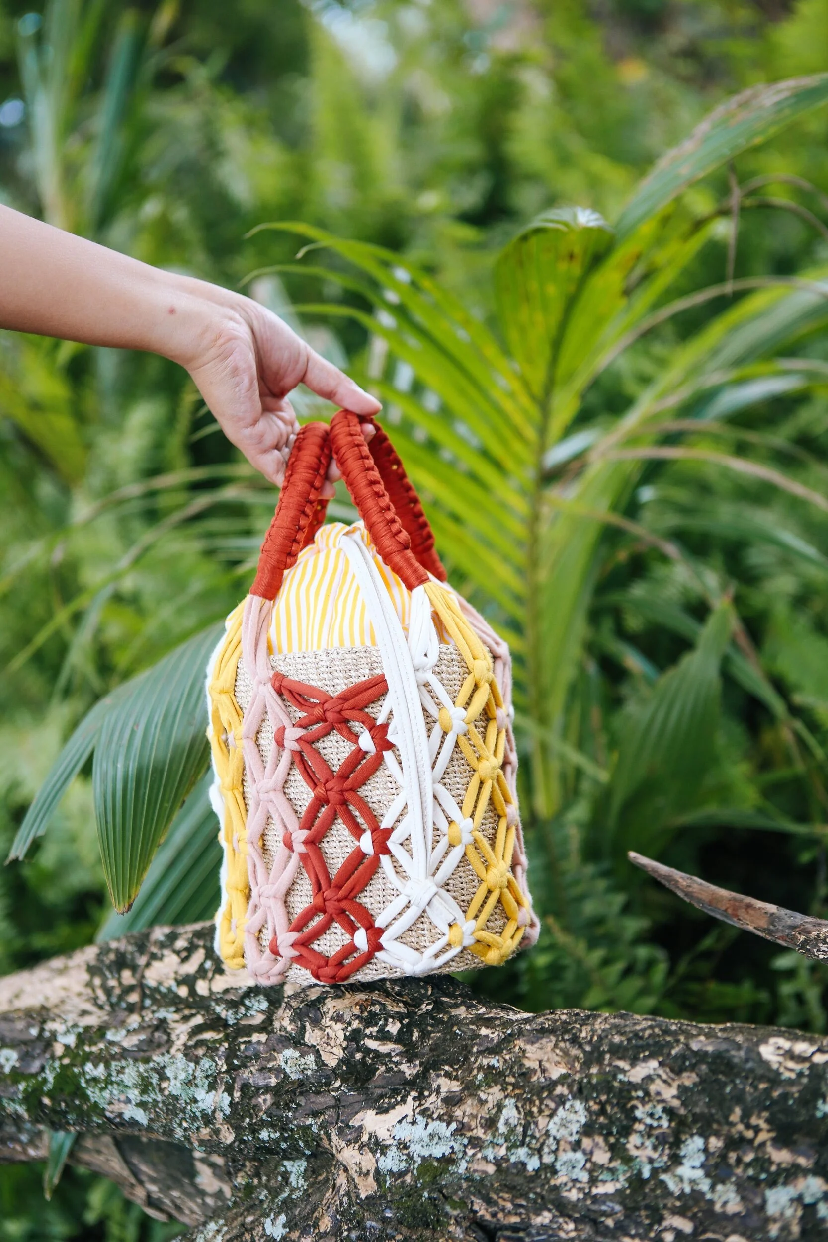MICHELLE Macrame Bucket Tote - Yellow / Peach