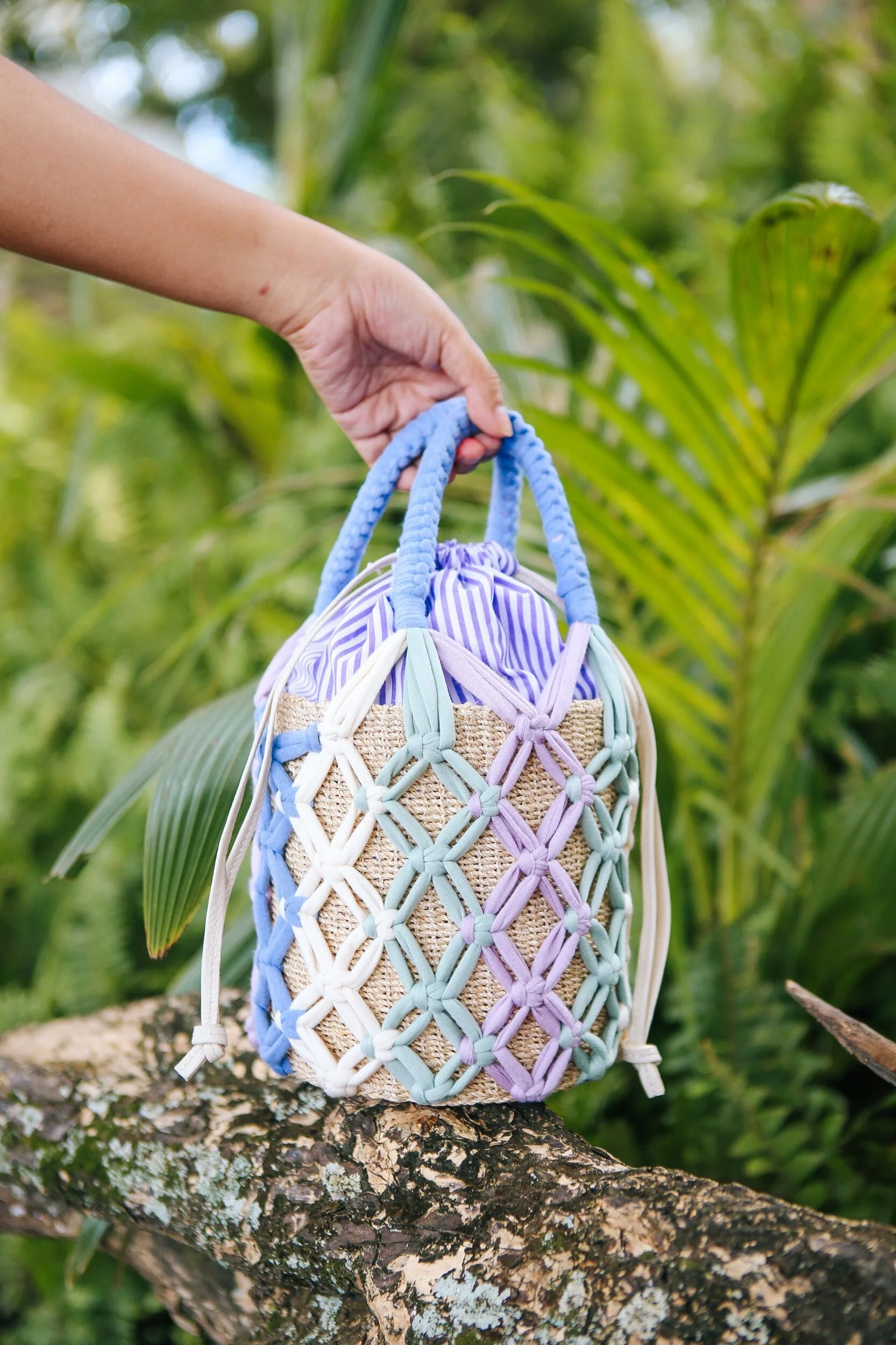 MICHELLE Macrame Bucket Tote - Lilac / Mint