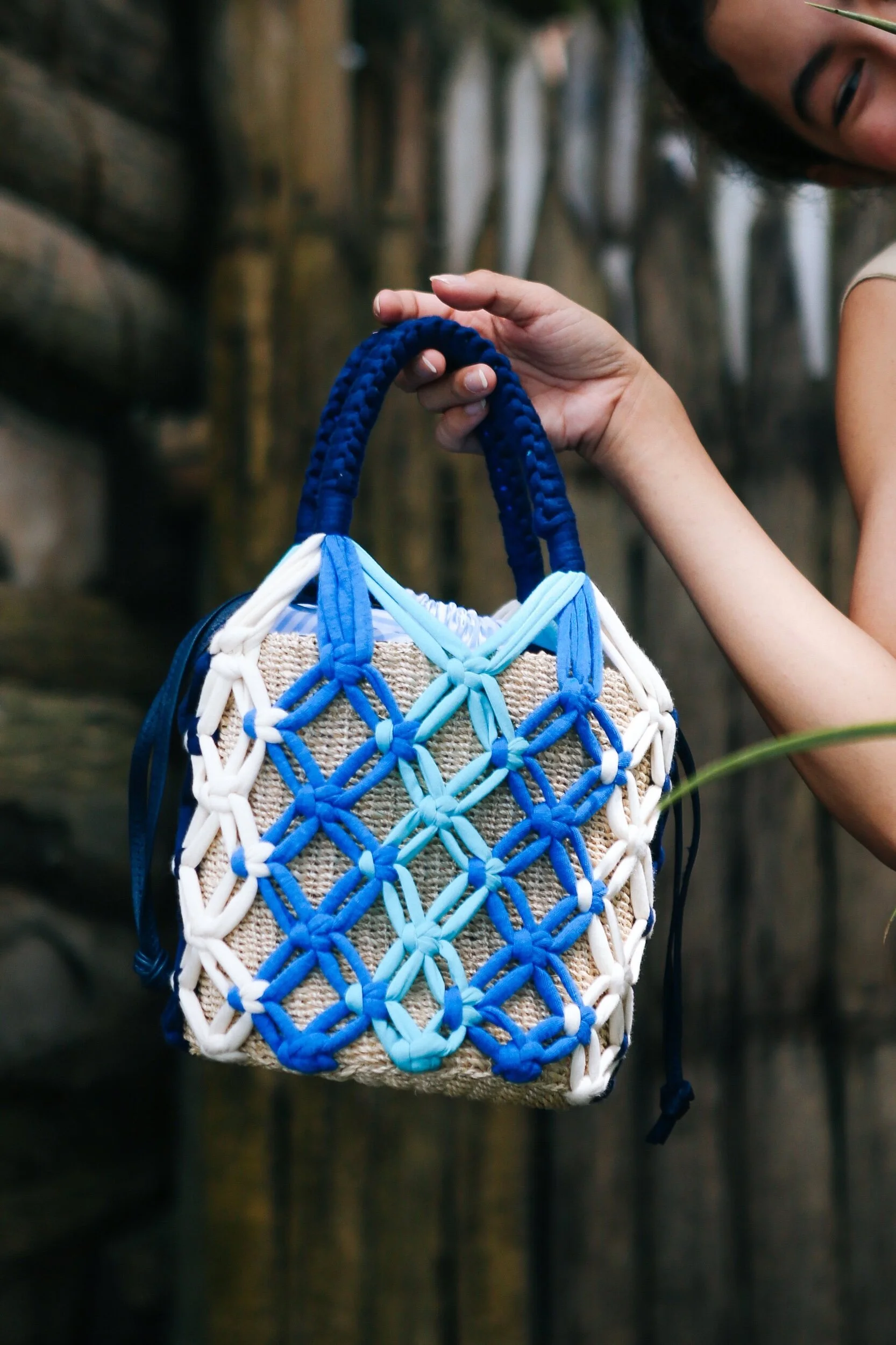 MICHELLE Macrame Bucket Tote - Blue Multi