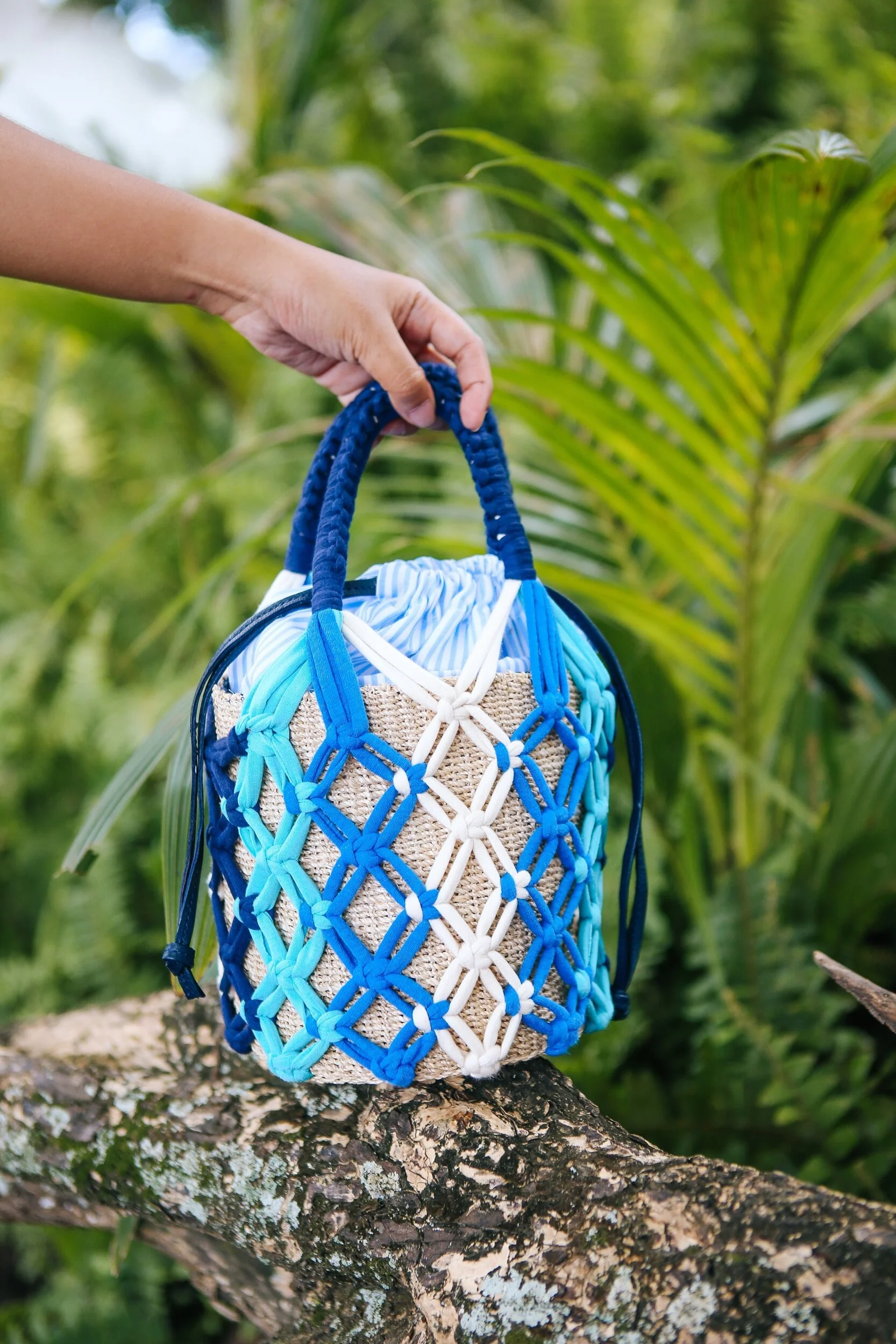 MICHELLE Macrame Bucket Tote - Blue Multi