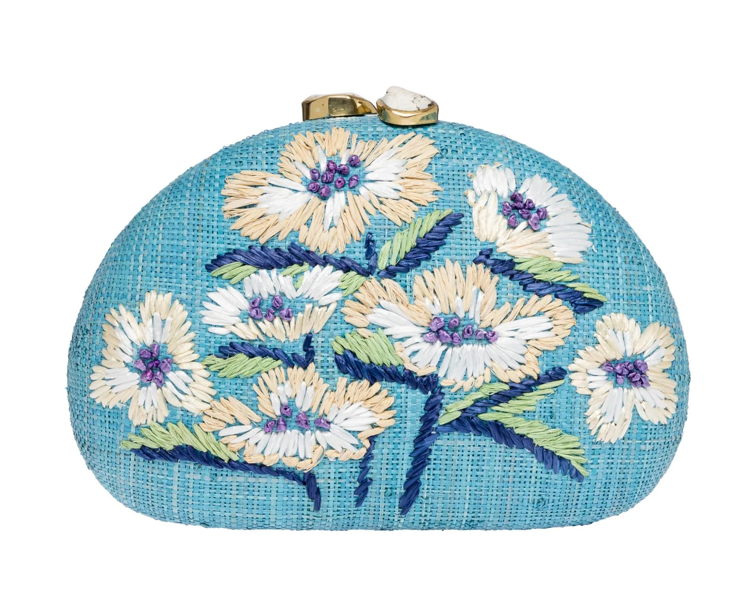 BERNA Dome Straw Clutch - Light Blue / White