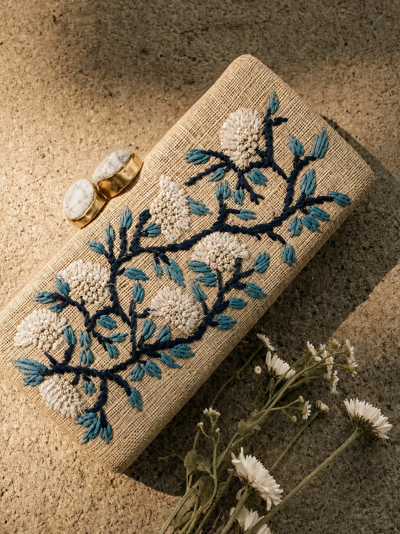 #canitellyou when I told you I was inspired by flowers, I wasn&rsquo;t kidding. Case in point: the #alessandraclutch in natural raffia, hand-embroidered with white anemones, navy stems and blue leaves - a nod to my enduring love of blue-and-white Chi