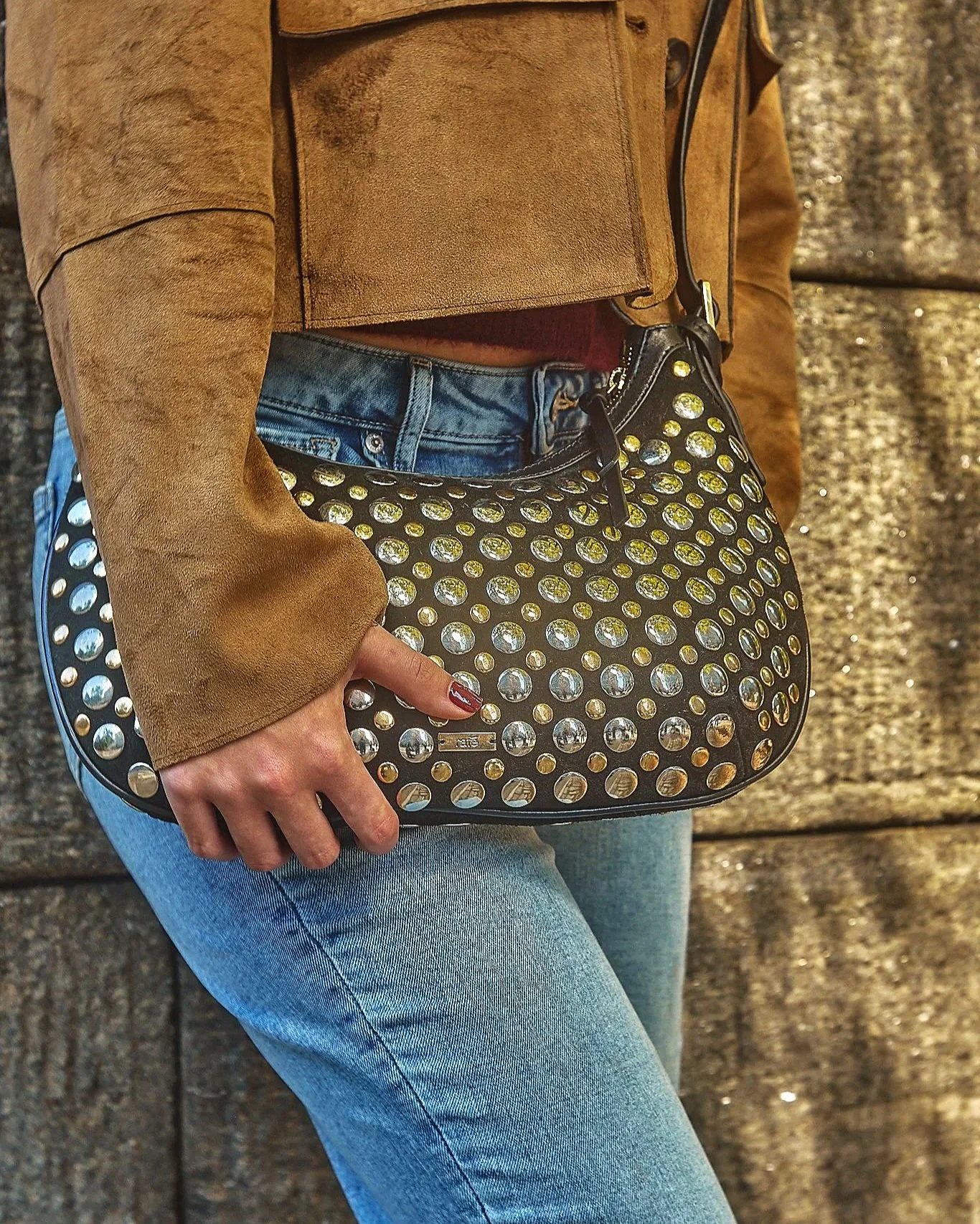 ALVA Studded Hobo Crossbody - Black/Gold/Silver