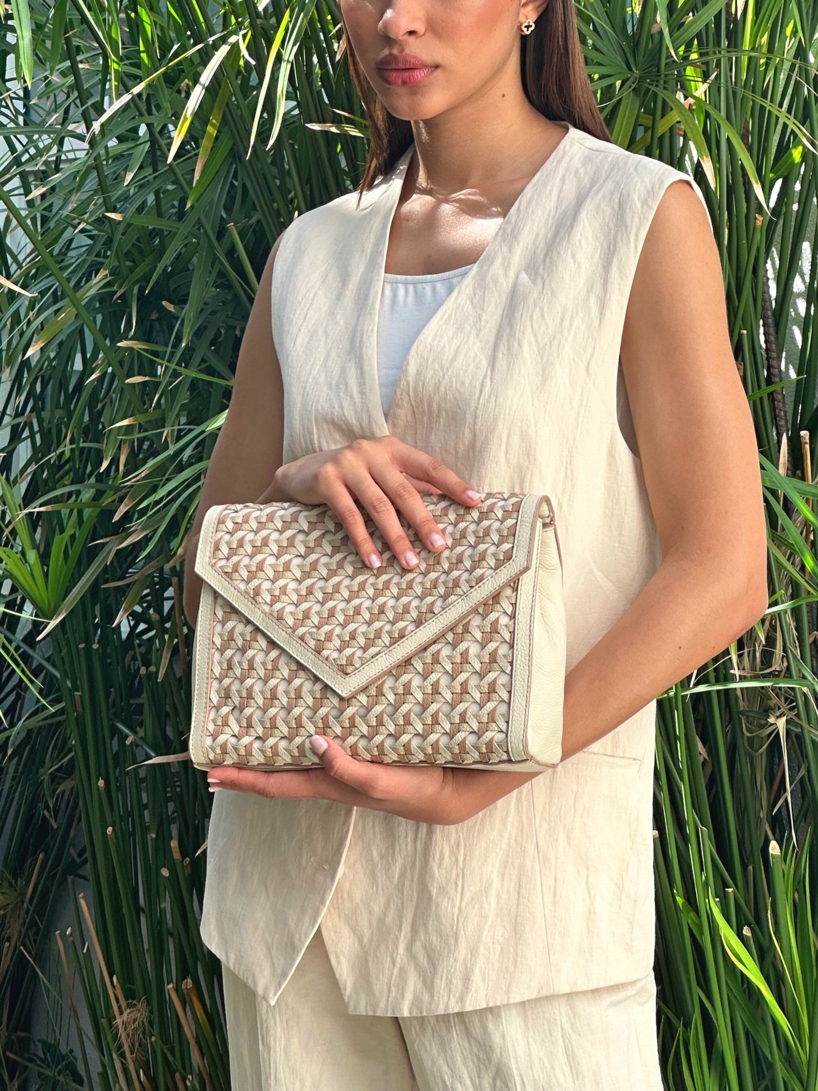 JAMIE Envelope Clutch off white handwoven leather Rafe bag