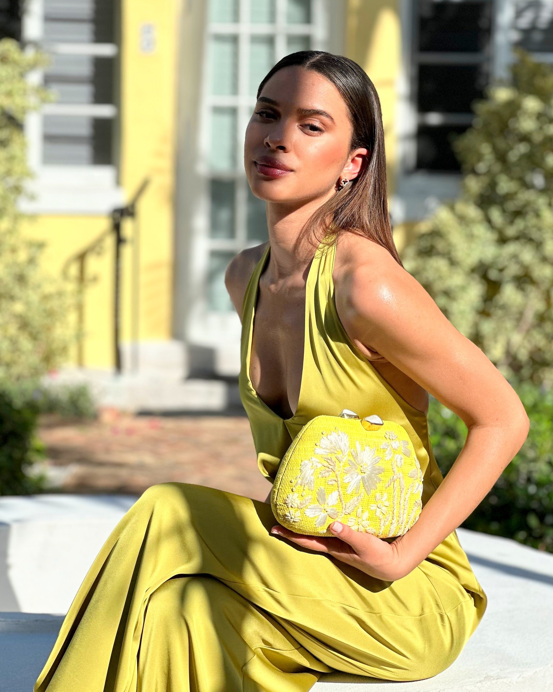 TAMU Embroidered Clutch - Yellow and white