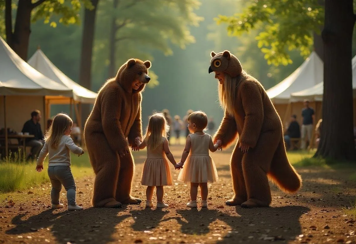 Drie kinderen in een bosrijke omgeving houden handen vast met twee volwassenen in dierenkostuums naast tenten.
